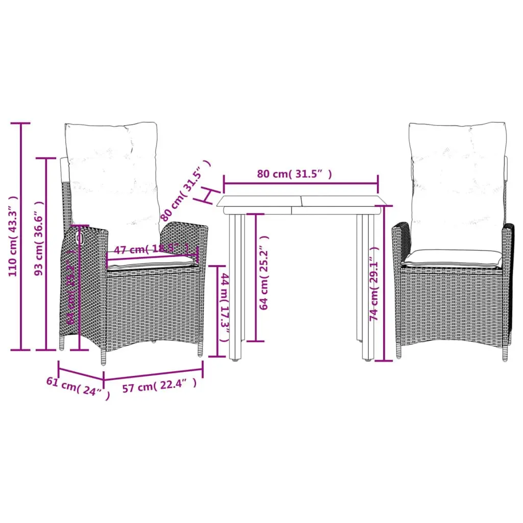 Garden Dining Set 3 Piece Outdoor Furniture Grey Poly Rattan with Cushions
