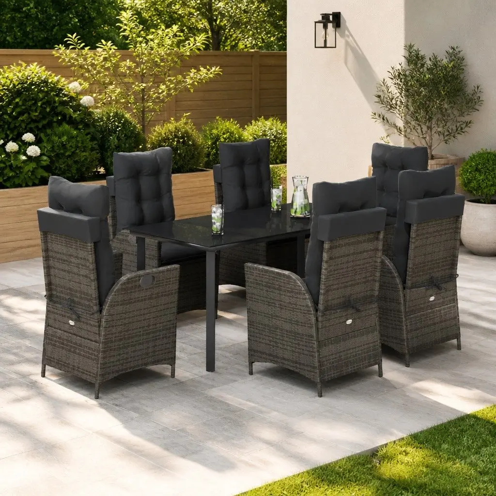 7 Piece Garden Dining Set Grey Poly Rattan Outdoor Furniture Patio Table Chairs
