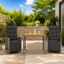 Outdoor Dining Set 3 Piece Grey Poly Rattan Garden Furniture with Cushions
