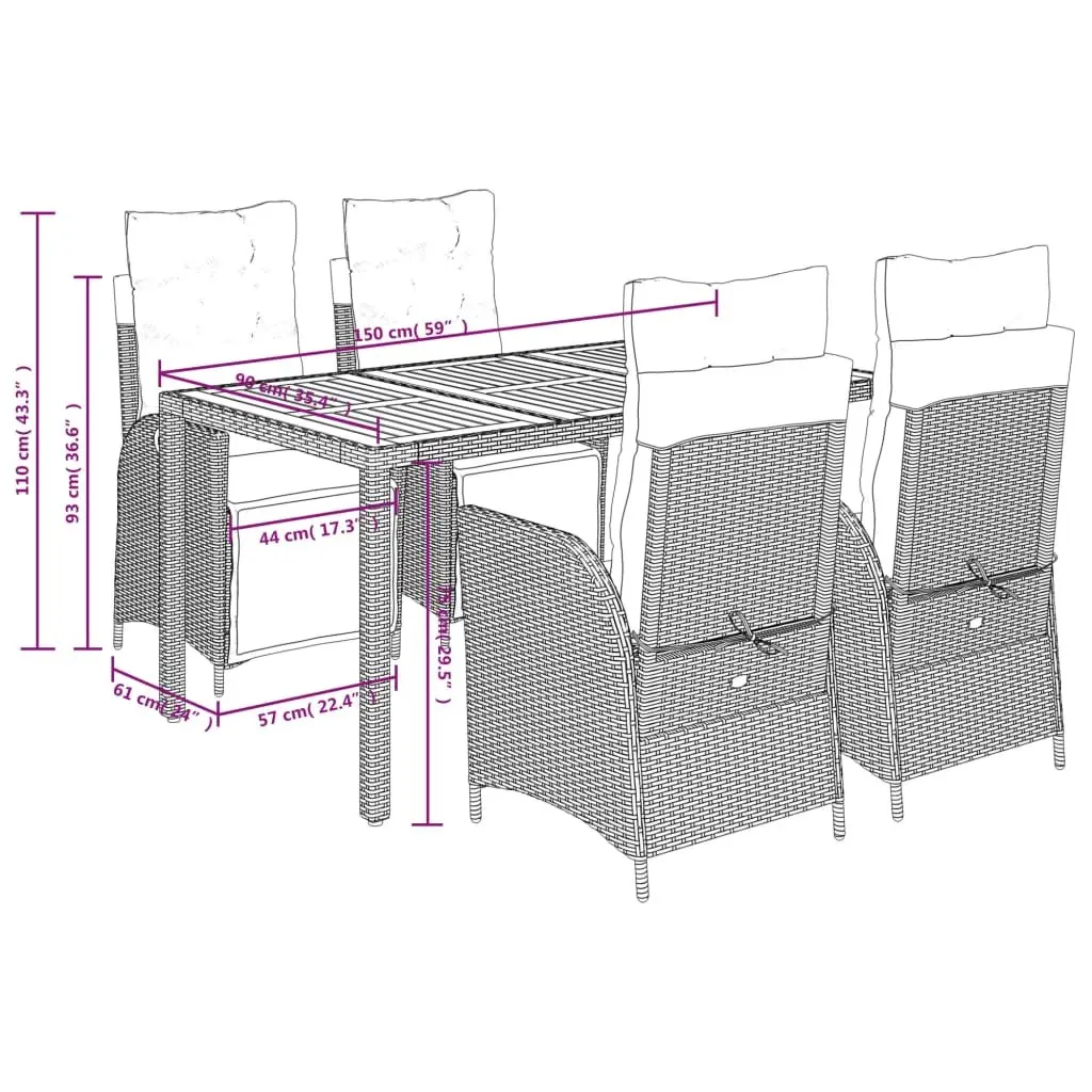 5 Piece Garden Dining Set Grey Poly Rattan Outdoor Furniture Patio Table Chairs
