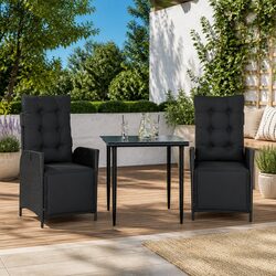 Outdoor Garden Dining Set 3 Piece Black Poly Rattan Furniture with Cushions