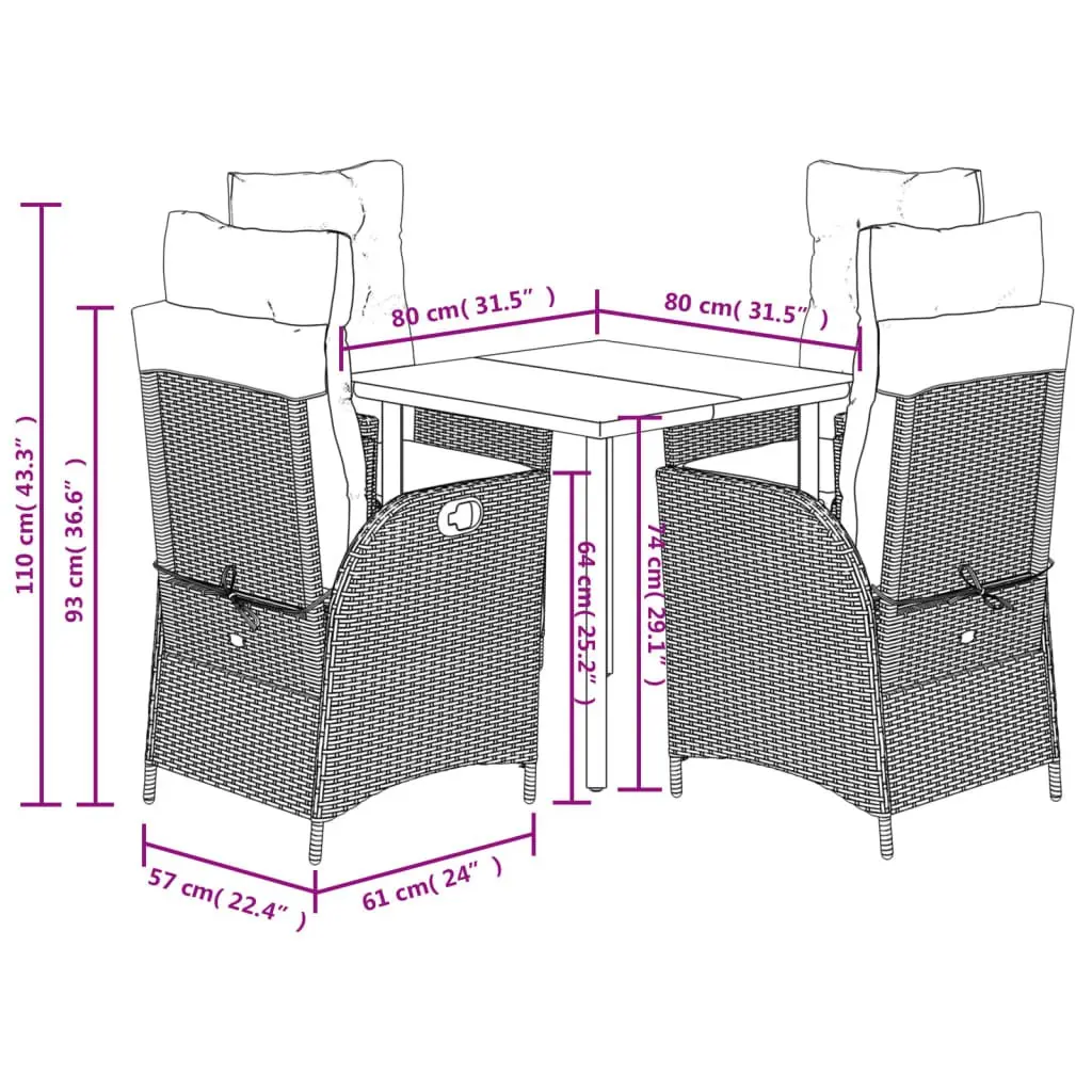 Garden Dining Set 5 Piece Outdoor Furniture Black Poly Rattan with Cushions