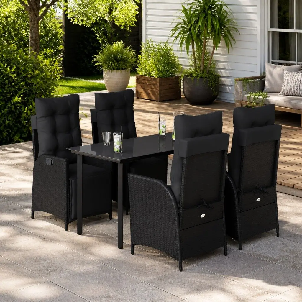 Garden Dining Set 5 Piece Outdoor Furniture Black Poly Rattan with Cushions