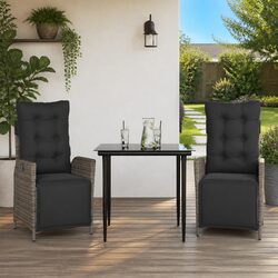 Garden Dining Set 3 Piece Outdoor Furniture Grey PE Rattan Table Chairs Cushions