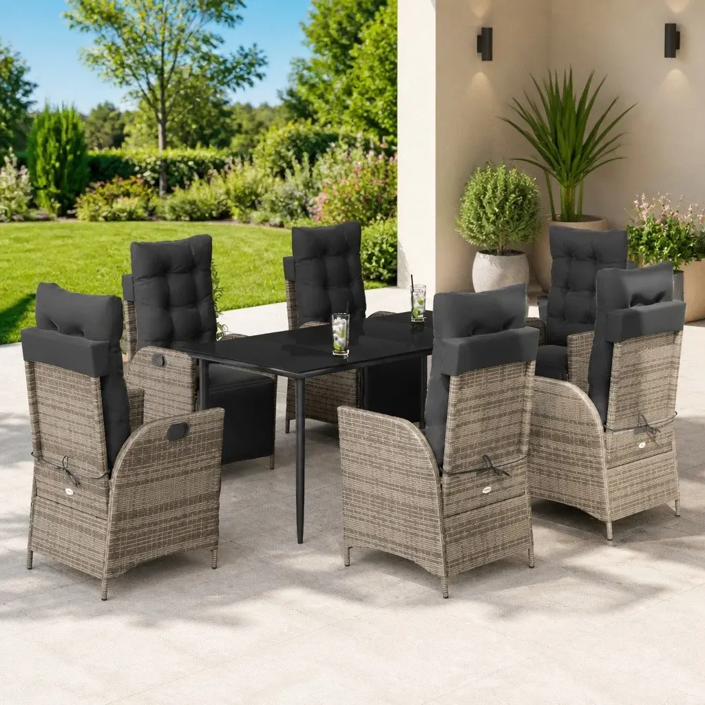 Outdoor Dining Set 7 Piece Garden Furniture PE Rattan Grey Cushions Glass Table