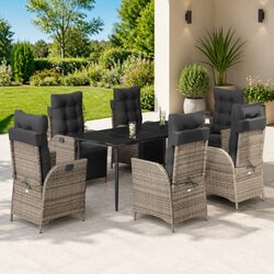 Outdoor Dining Set 7 Piece Garden Furniture PE Rattan Grey Cushions Glass Table
