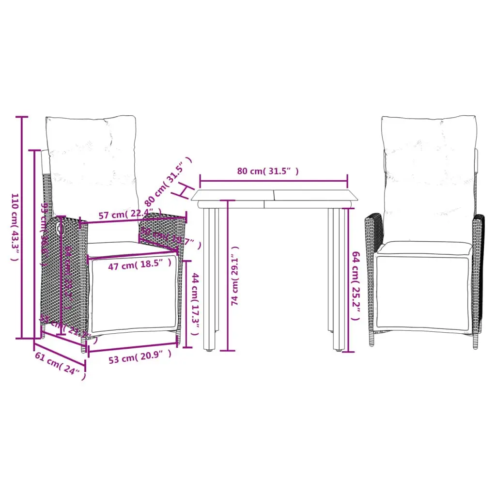Outdoor Garden Dining Set 3 Piece Grey Poly Rattan Furniture Patio Table Chairs