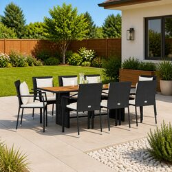 Outdoor Dining Set 9 Piece Garden Furniture with Cushions Black Poly Rattan