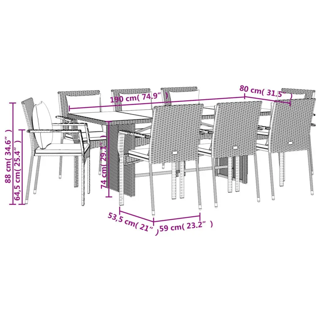 Outdoor Dining Set 9 Piece Garden Furniture Cushions Black Poly Rattan
