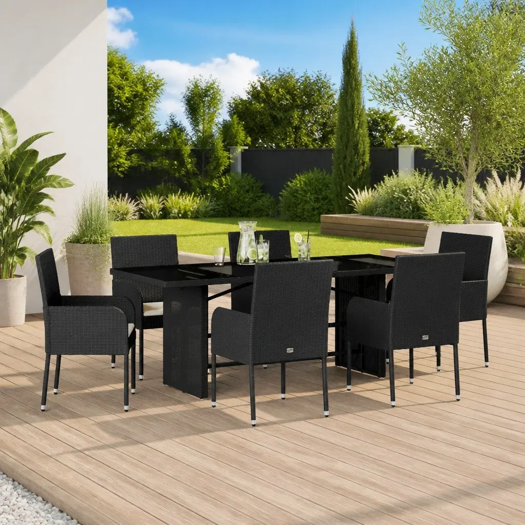 Outdoor Dining Set 7 Piece Garden Furniture Black Poly Rattan Table Chairs