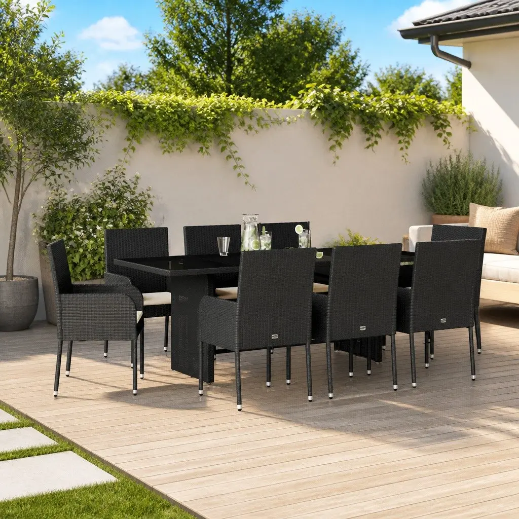 Outdoor Dining Set 9 Piece Garden Furniture Black Poly Rattan with Cushions