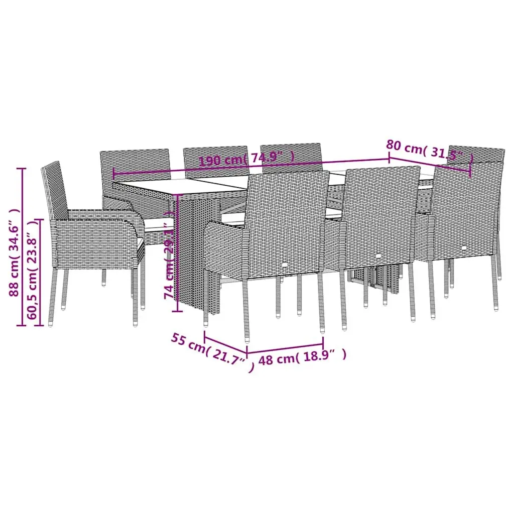 Outdoor Dining Set 9 Piece Garden Furniture Black Poly Rattan with Cushions