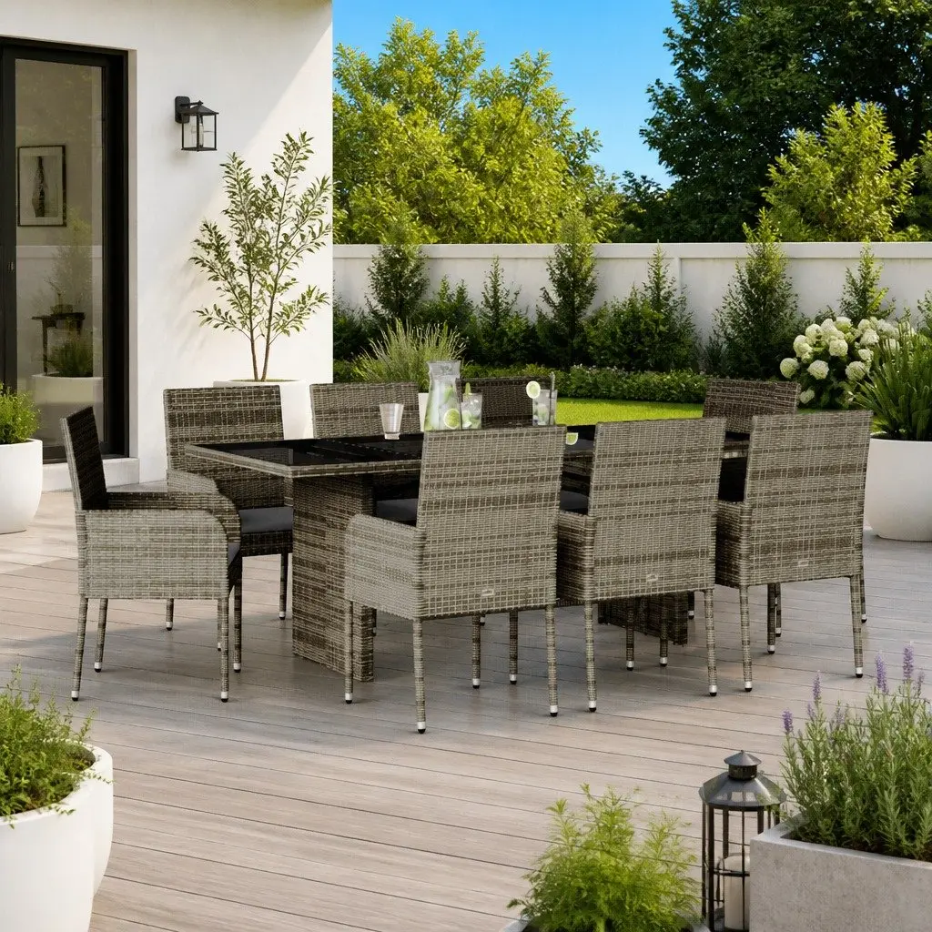 Outdoor Dining Set 9 Piece Garden Furniture with Cushions Grey Poly Rattan