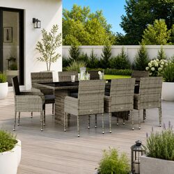 Outdoor Dining Set 9 Piece Garden Furniture with Cushions Grey Poly Rattan