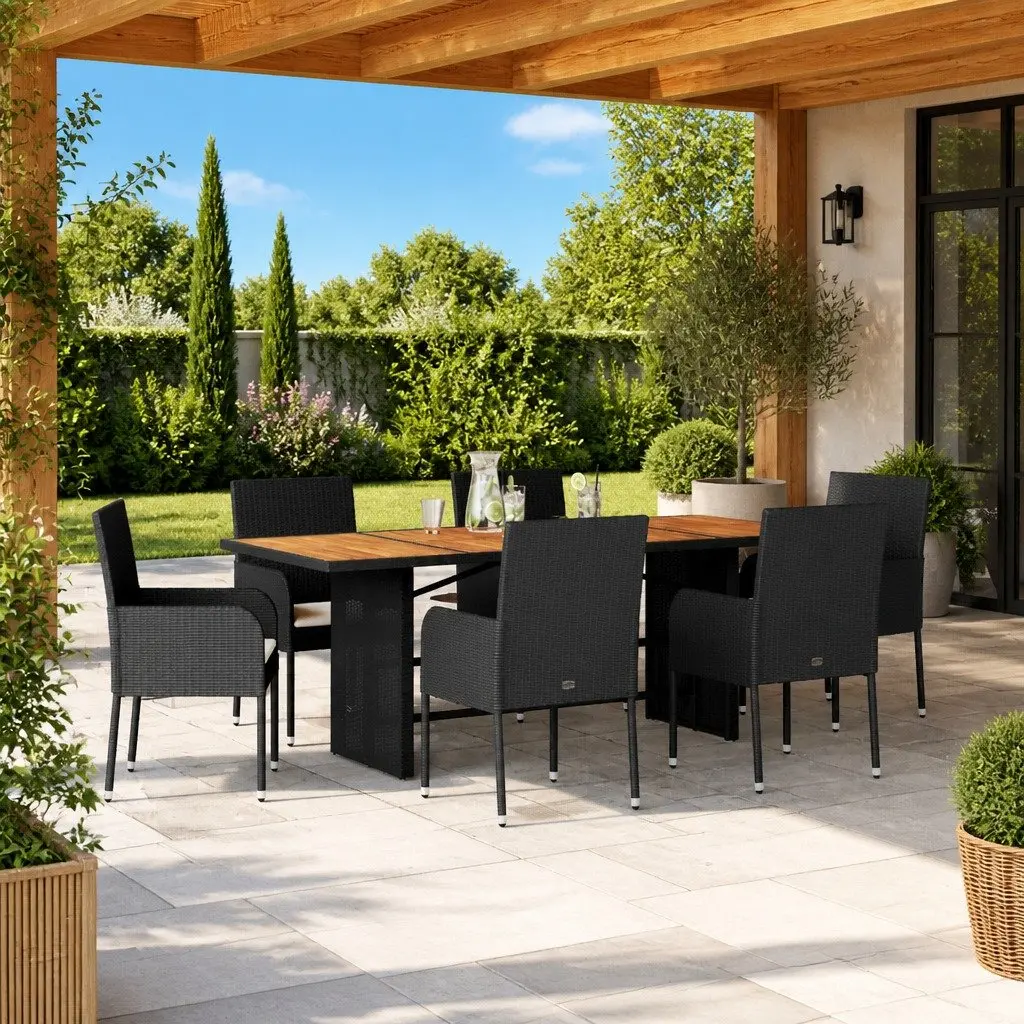 Outdoor Dining Set 7 Piece Garden Furniture Table Chairs Black Poly Rattan