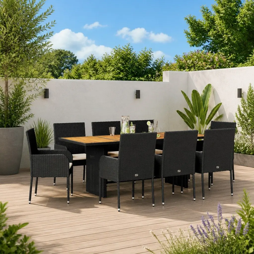 Outdoor Dining Set 9 Piece Black Poly Rattan Garden Furniture with Acacia Wood Tabletop and Cushions