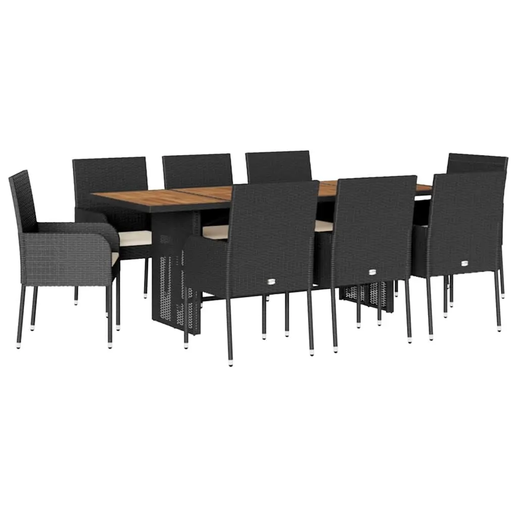 Outdoor Dining Set 9 Piece Black Poly Rattan Garden Furniture with Acacia Wood Tabletop and Cushions