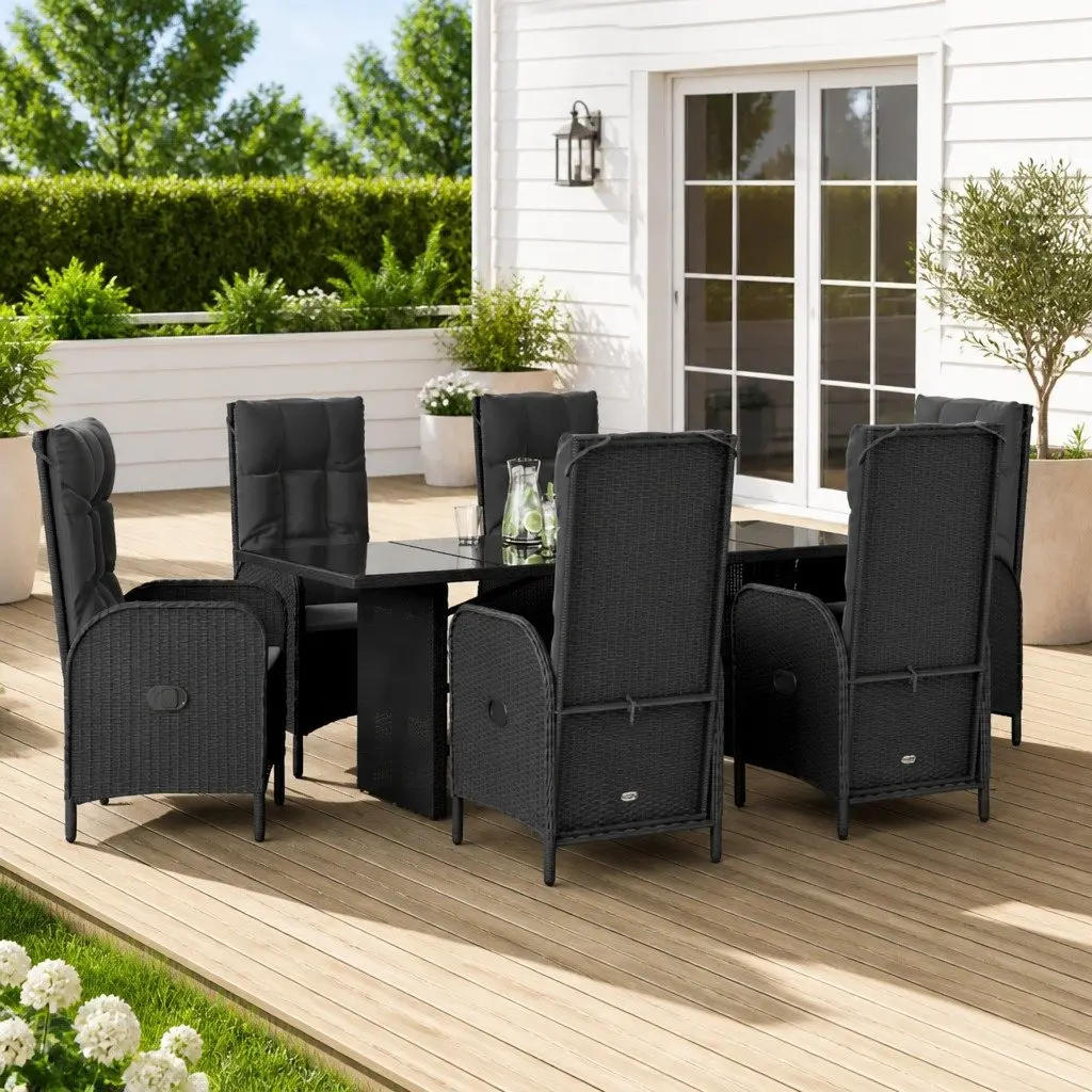 7 Piece Outdoor Garden Dining Set with Cushions Black Poly Rattan Furniture
