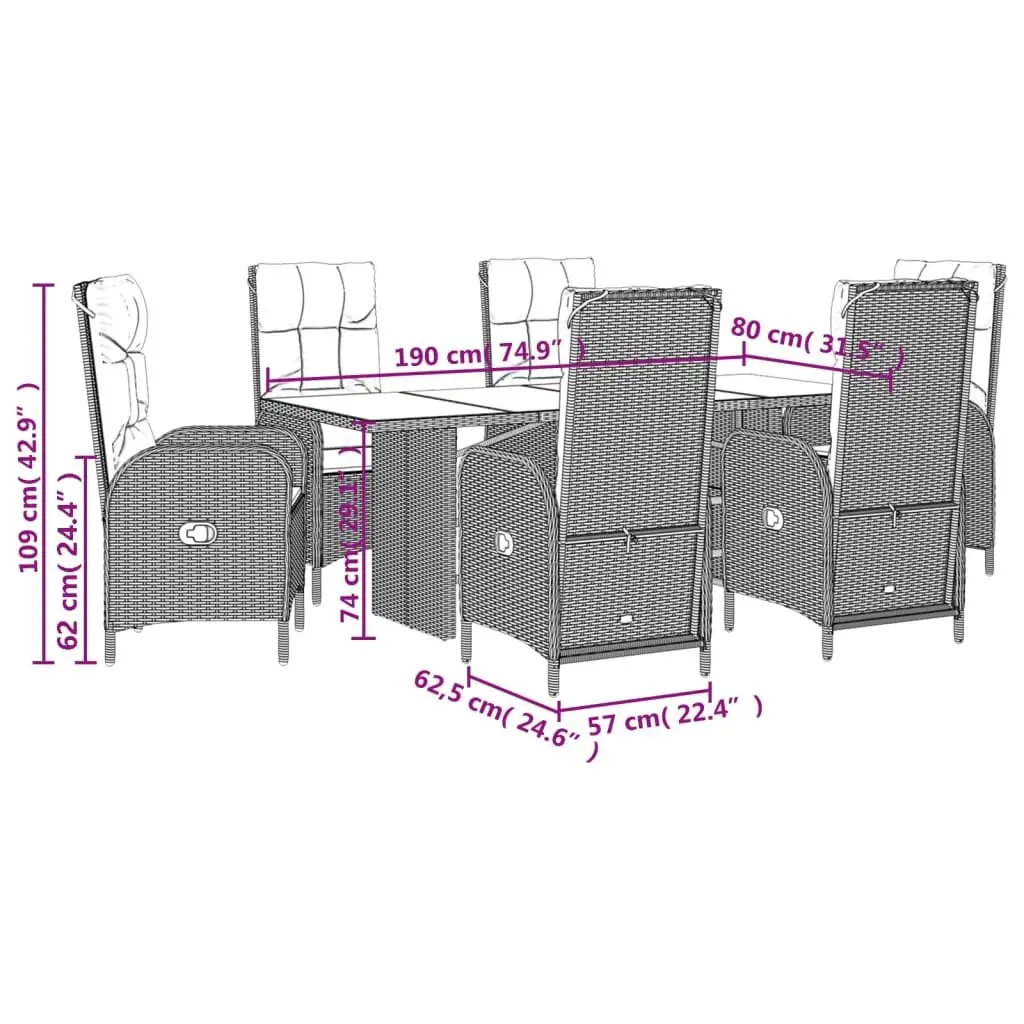 7 Piece Outdoor Garden Dining Set with Cushions Black Poly Rattan Furniture