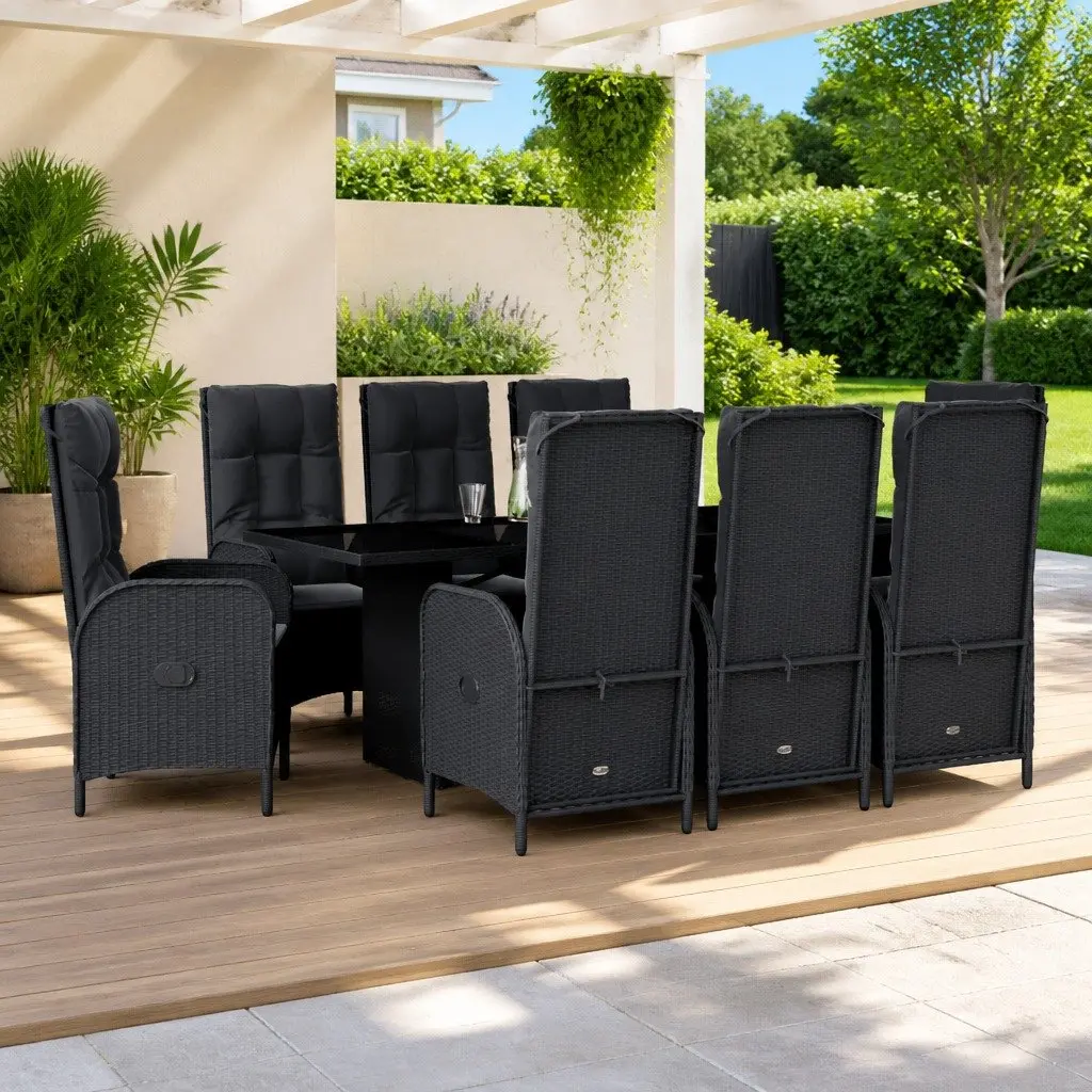 Garden Dining Set 9 Piece Outdoor Patio Furniture Black Poly Rattan with Adjustable Backrest Tempered Glass Tabletop Padded Cushions