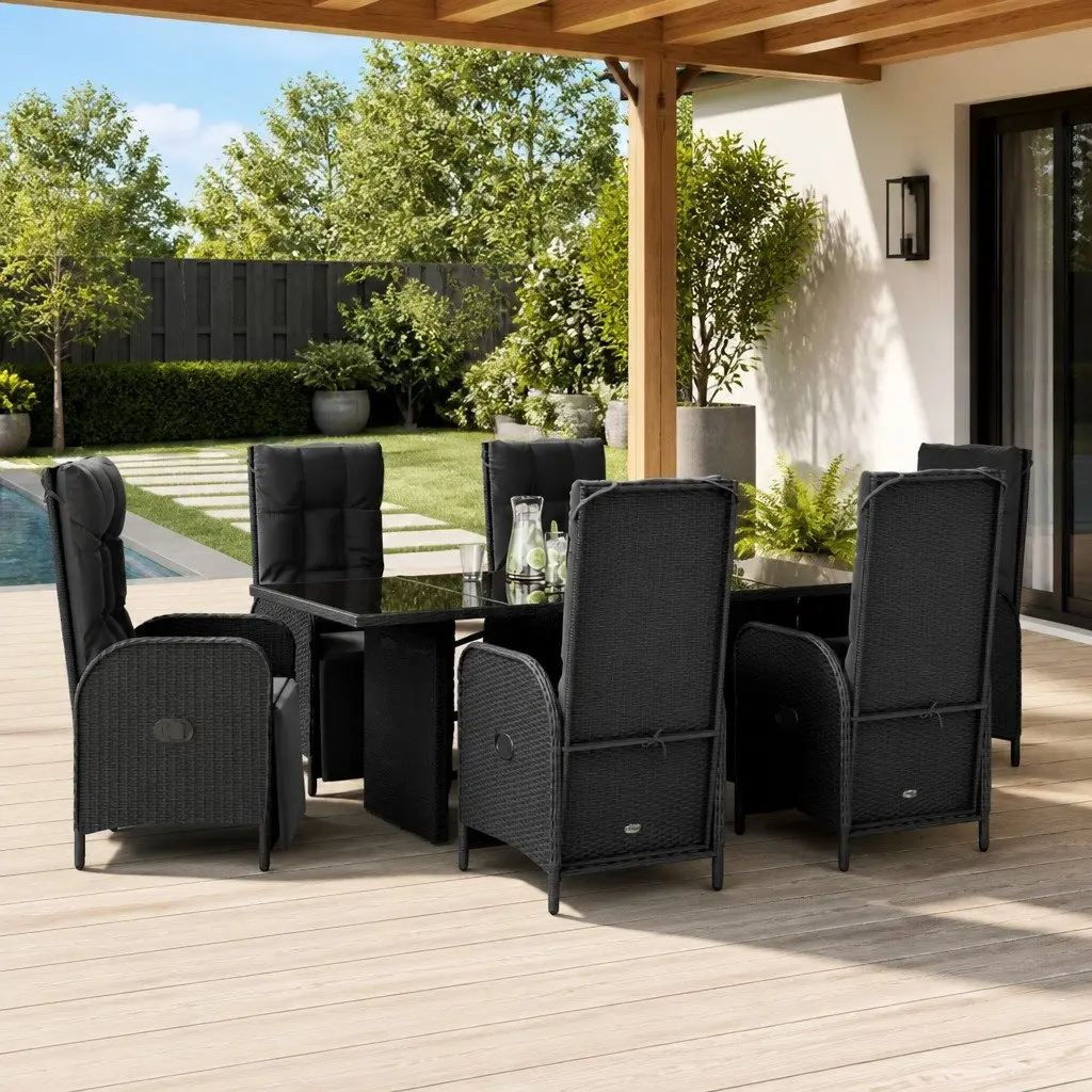 7 Piece Outdoor Garden Dining Set Black Poly Rattan Chairs Table Cushions