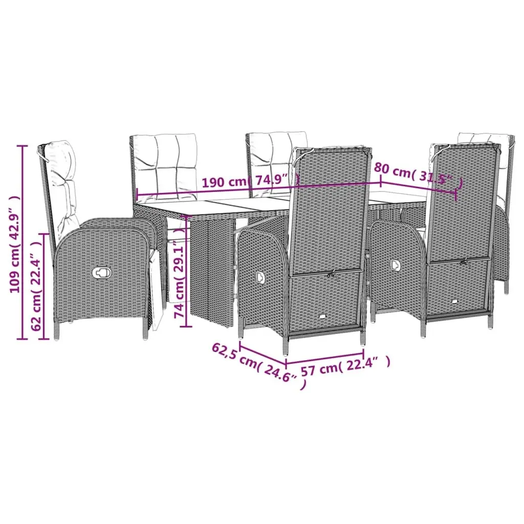 7 Piece Garden Dining Set with Cushions Grey Poly Rattan Outdoor Furniture