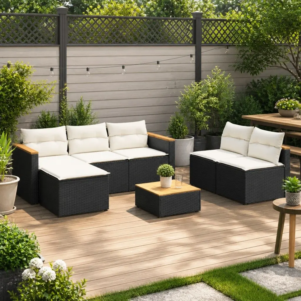 5 Piece Outdoor Garden Sofa Set Black Poly Rattan Furniture Patio Lounge