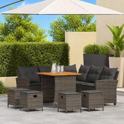 L-Shaped Garden Sofa Set 6 Piece Grey Poly Rattan Patio Furniture with Cushions