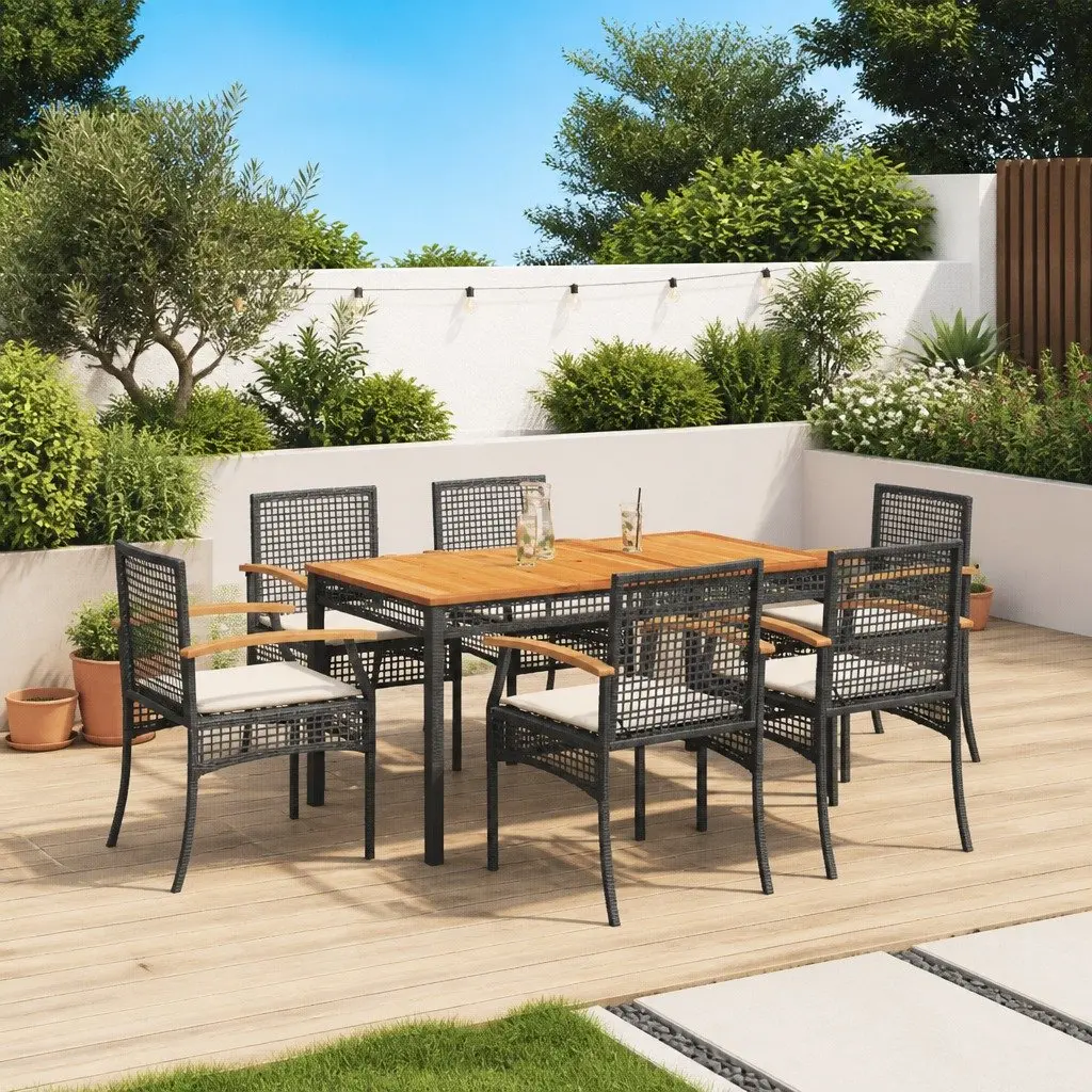 7 Piece Outdoor Dining Set Black Poly Rattan Garden Furniture Patio Table Chairs