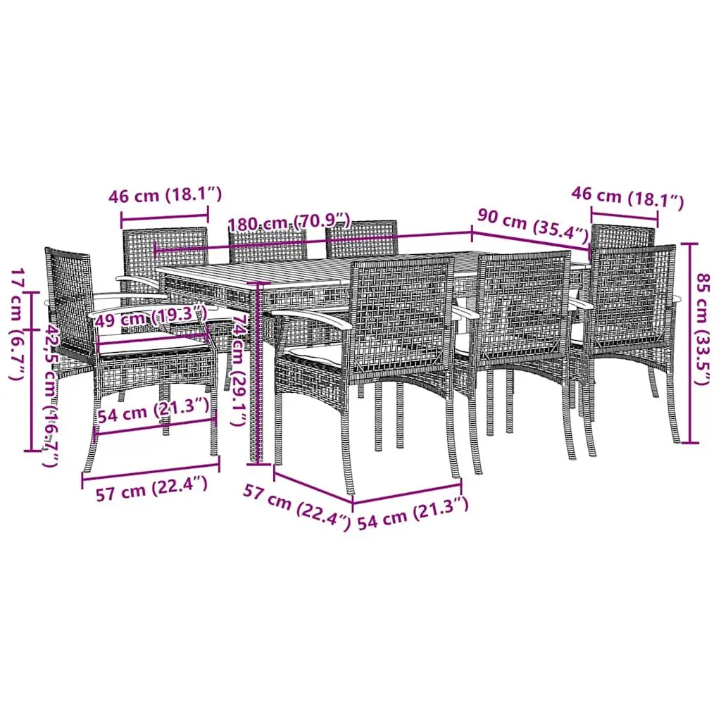 9 Piece Outdoor Dining Set PE Rattan Black Patio Furniture Table Chairs