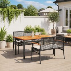 3 Piece Outdoor Garden Dining Set with Cushions Black Poly Rattan Patio