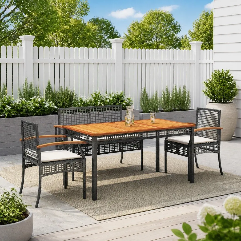 4 Piece Outdoor Dining Set Black Poly Rattan Garden Furniture Patio Table Chairs