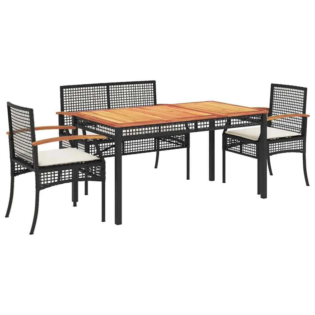4 Piece Outdoor Dining Set Black Poly Rattan Garden Furniture Patio Table Chairs