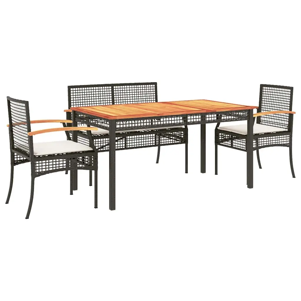 5 Piece Garden Dining Set Outdoor Patio Furniture Black Poly Rattan with Acacia Wood Table and Cushions