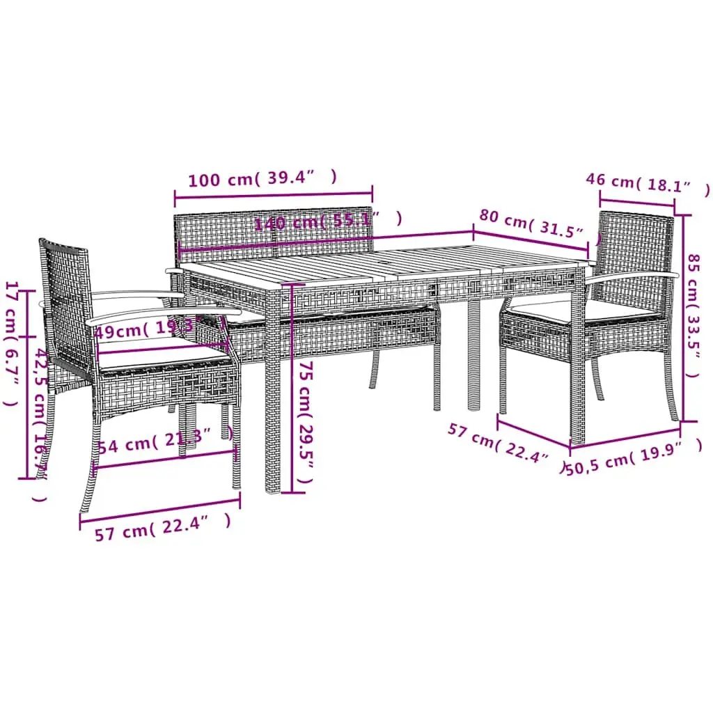 5 Piece Garden Dining Set Outdoor Patio Furniture Black Poly Rattan with Acacia Wood Table and Cushions