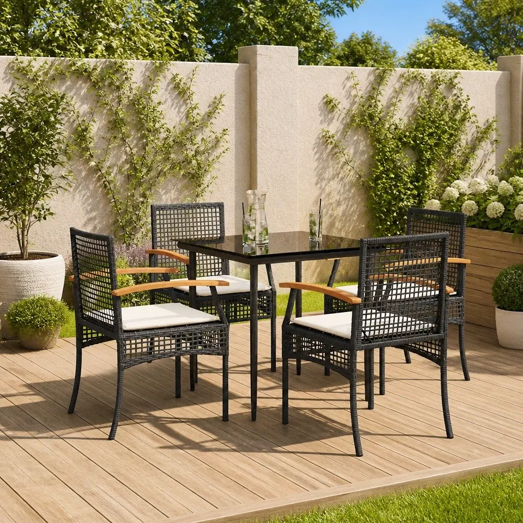 Garden Dining Set 5 Piece PE Rattan Black Outdoor Furniture Patio Table Chairs Cushions