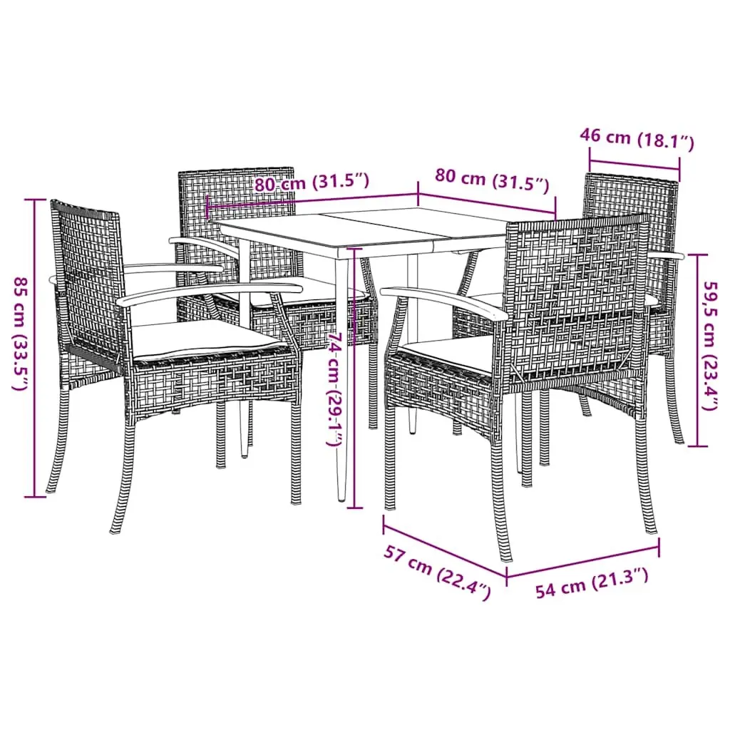 Garden Dining Set 5 Piece PE Rattan Black Outdoor Furniture Patio Table Chairs Cushions