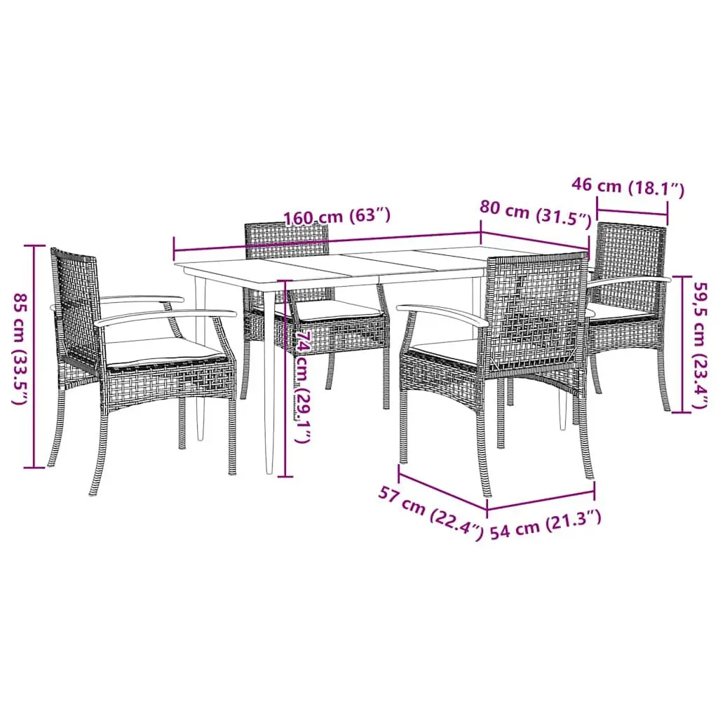 Garden Dining Set 5 Piece Outdoor Furniture Black PE Rattan Table with Tempered Glass Top and Cushions