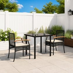3 Piece Outdoor Dining Set Black Poly Rattan Table Chairs Garden Patio Furniture