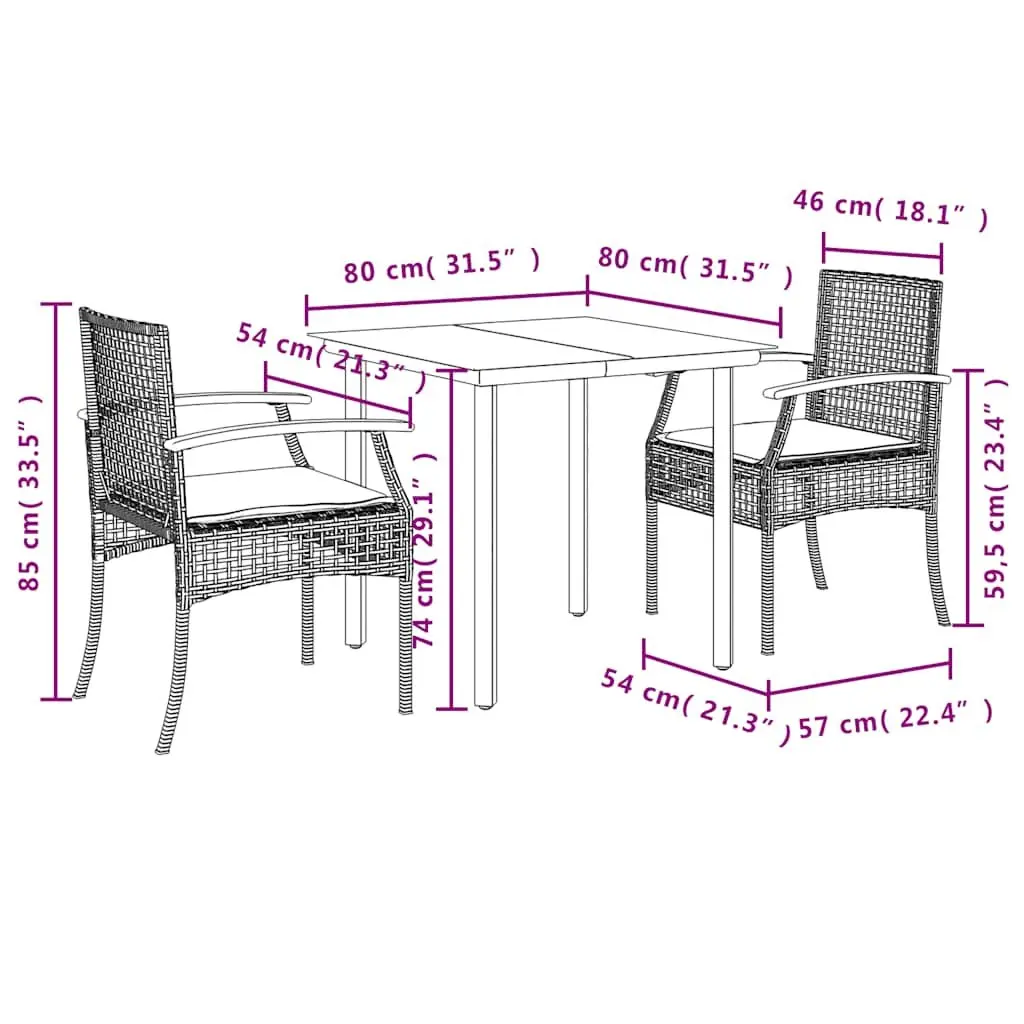 3 Piece Outdoor Dining Set Black Poly Rattan Table Chairs Garden Patio Furniture