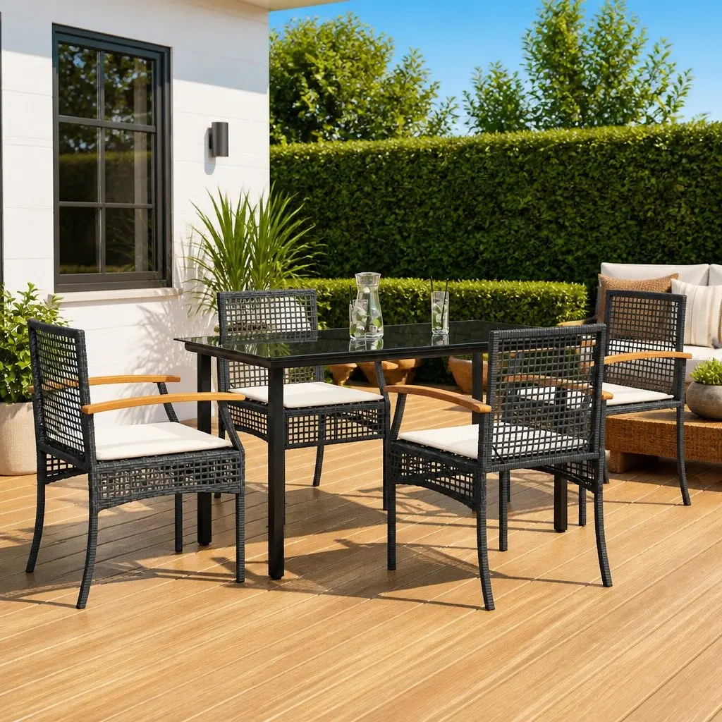 5 Piece Garden Dining Set Black Poly Rattan Outdoor Furniture with Cushions