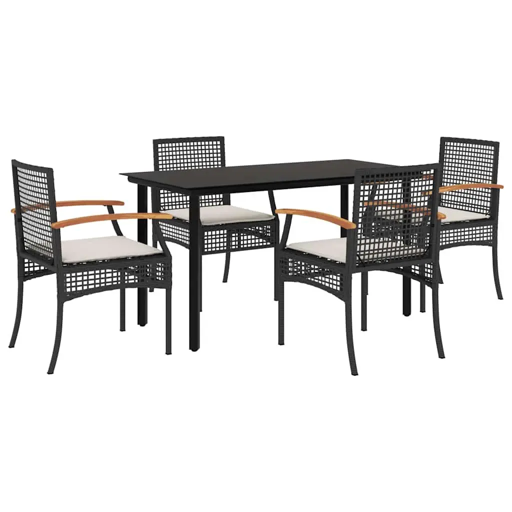 5 Piece Garden Dining Set Black Poly Rattan Outdoor Furniture with Cushions