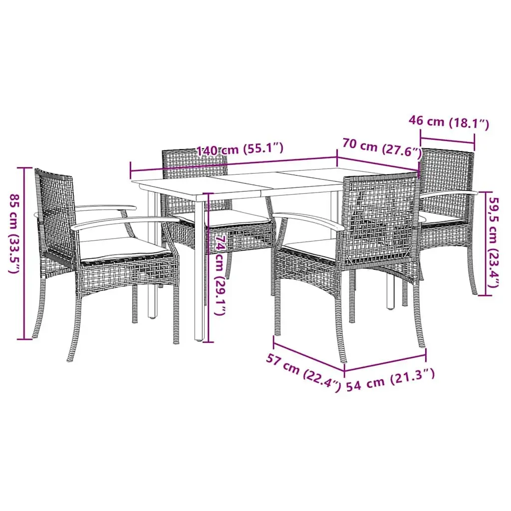 5 Piece Garden Dining Set Black Poly Rattan Outdoor Furniture with Cushions