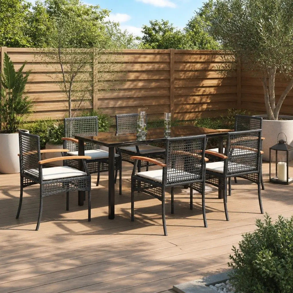 7 Piece Garden Dining Set Outdoor Patio Furniture Black Poly Rattan with