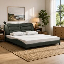 King Bed Frame with LED Lights Grey Fabric Headboard Bedroom Furniture 180x200