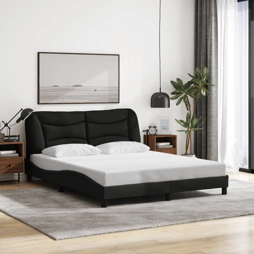 Queen Bed Frame Black Fabric LED Lights Plywood Slats Upholstered Headboard