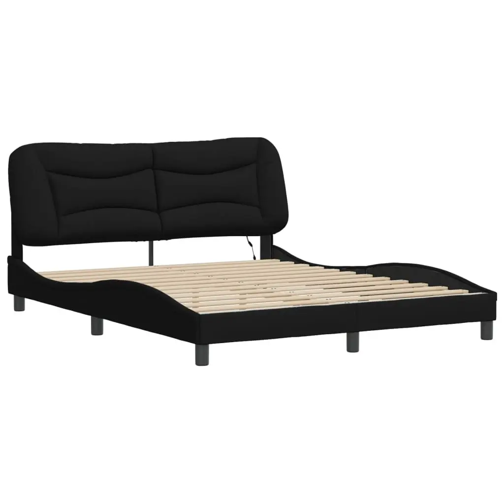 Queen Bed Frame Black Fabric LED Lights Plywood Slats Upholstered Headboard