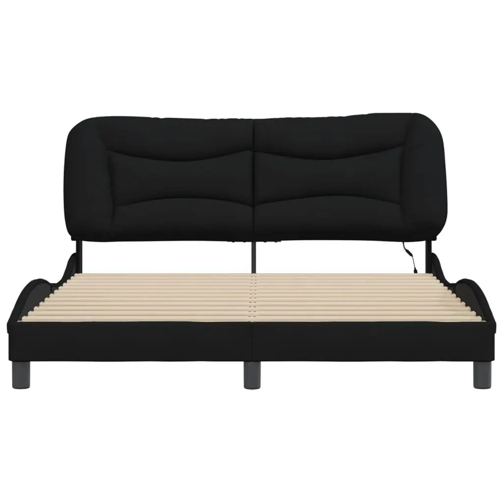 Queen Bed Frame Black Fabric LED Lights Plywood Slats Upholstered Headboard