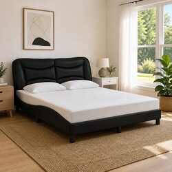 Bed Frame with LED Lights Black Faux Leather Headboard Pillow 152x203 cm