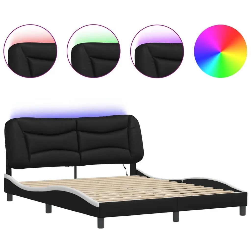 Bed Frame with LED Lights Faux Leather Upholstered 152x203 cm Black and White